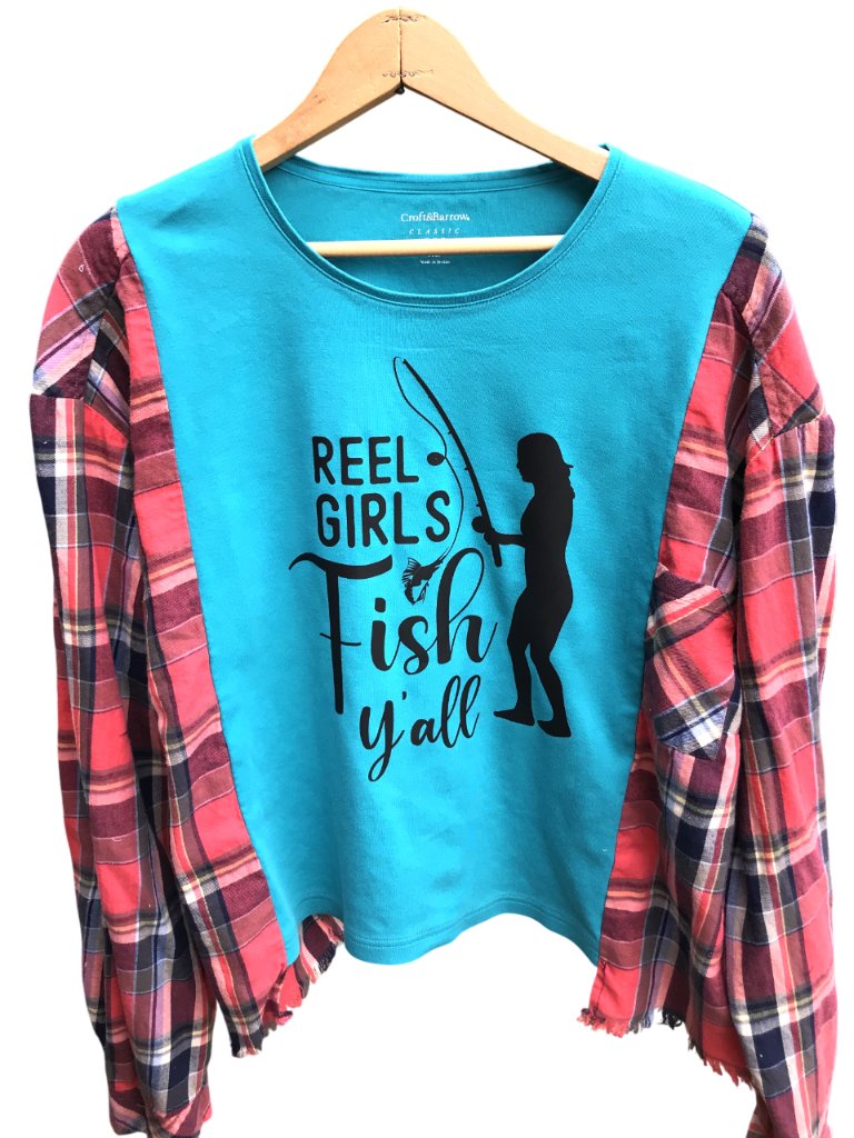 Upcycled Flannel Shirt, Girl Fishing Graphic Tee Oversized Coral Teal Plus Size